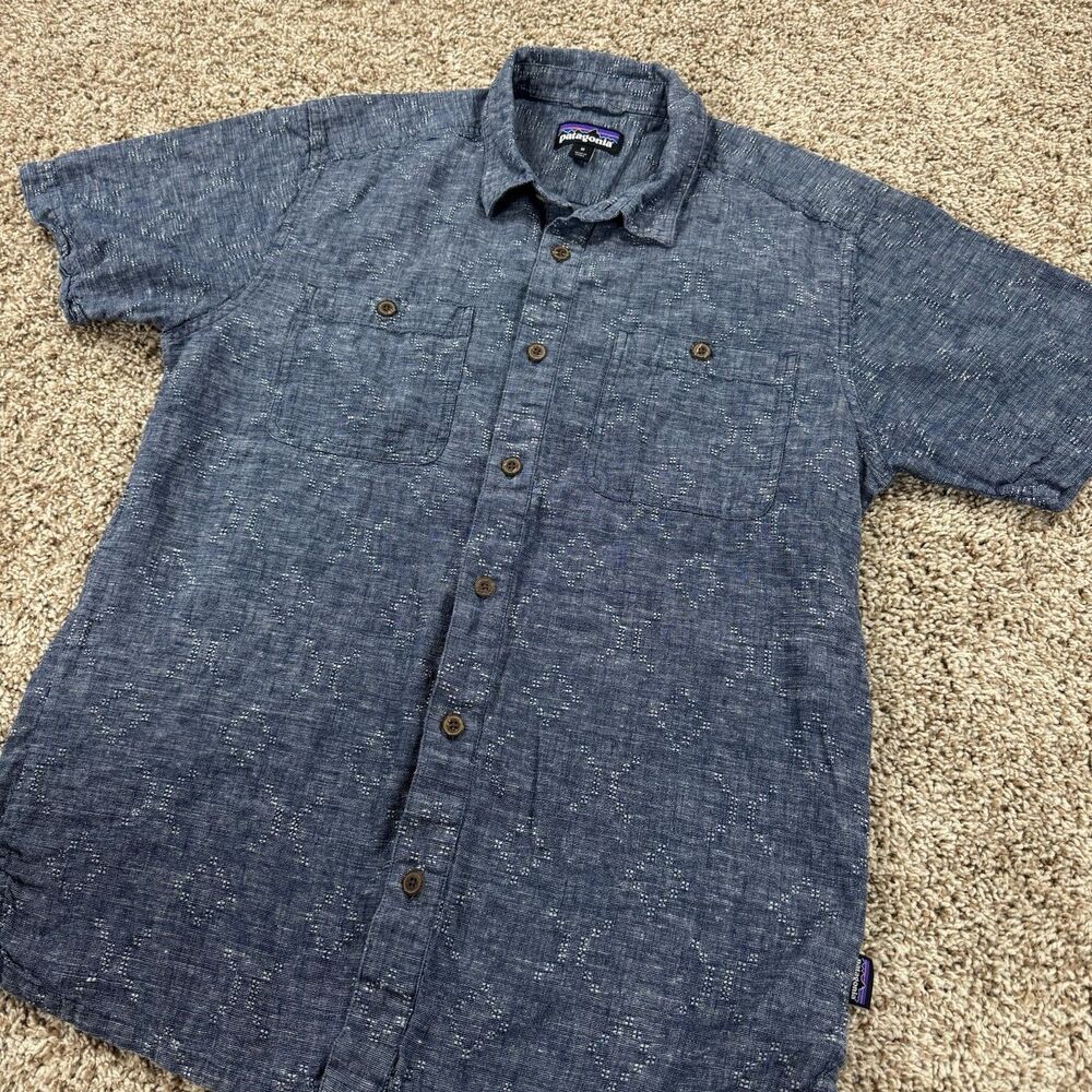 Patagonia Shirt Medium Back Step Navy Blue 53139 Hemp Organic Cotton ShortSleeve